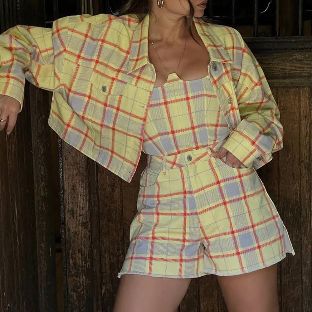 We Wore What Yellow Plaid Jacket/Short Set